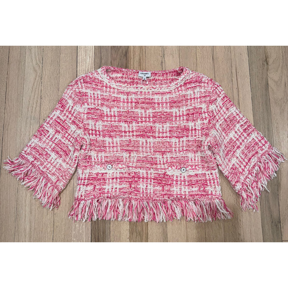 Chanel 24P Pink White Knit Frayed Tweed CC Logo Short Sleeve Pullover Top 38 - Picture 2 of 16